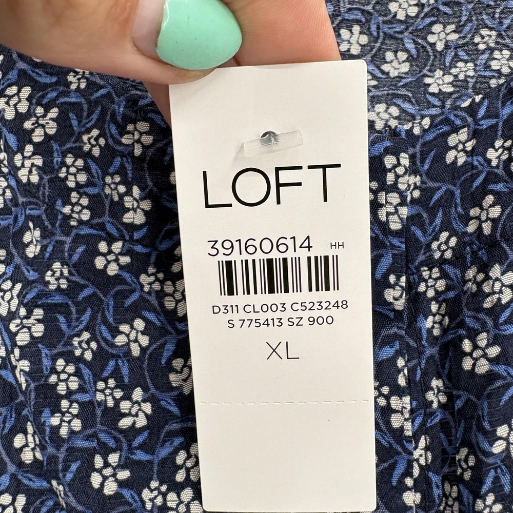 LOFT Blouse Womens XL Blue Floral Round Neck Balloon Sleeve Knit Top Boho NWT - Picture 5 of 8